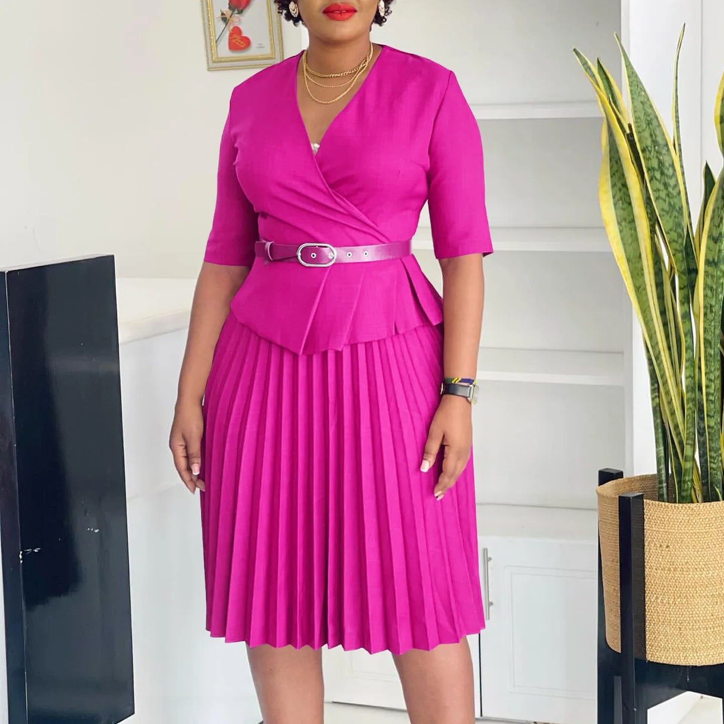 Liz's Plus size, stylish, trendy, Pleated, Temperament, V-Neck, Midi, Office Dress