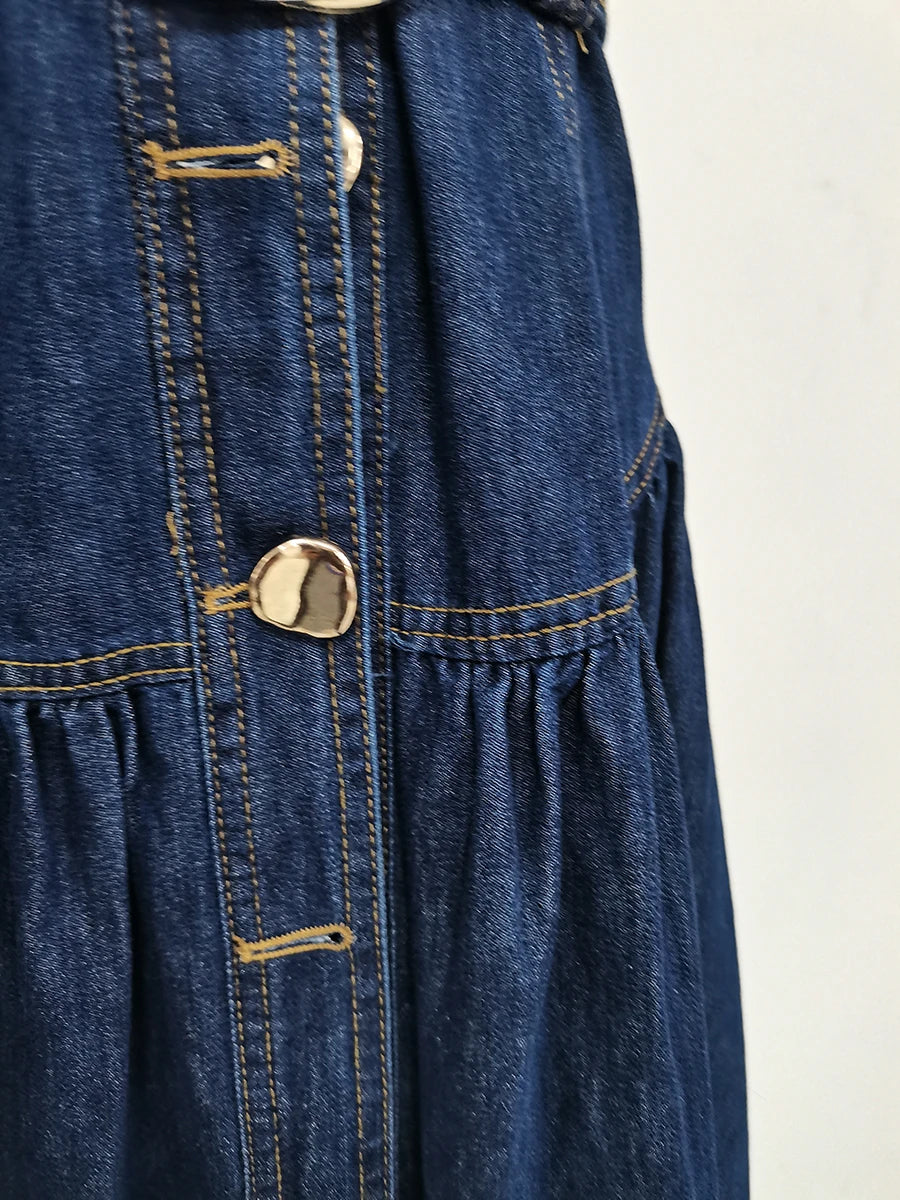 Close-up of a blue denim jacket with buttons on a white background