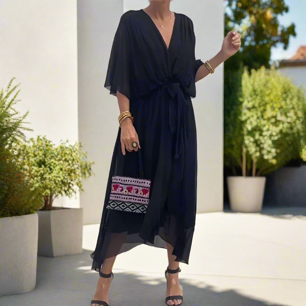 Iman's Irregular, Loose, Stylish, Trendy, V-Neck, Fluffy, Half Sleeves, Midi Dress