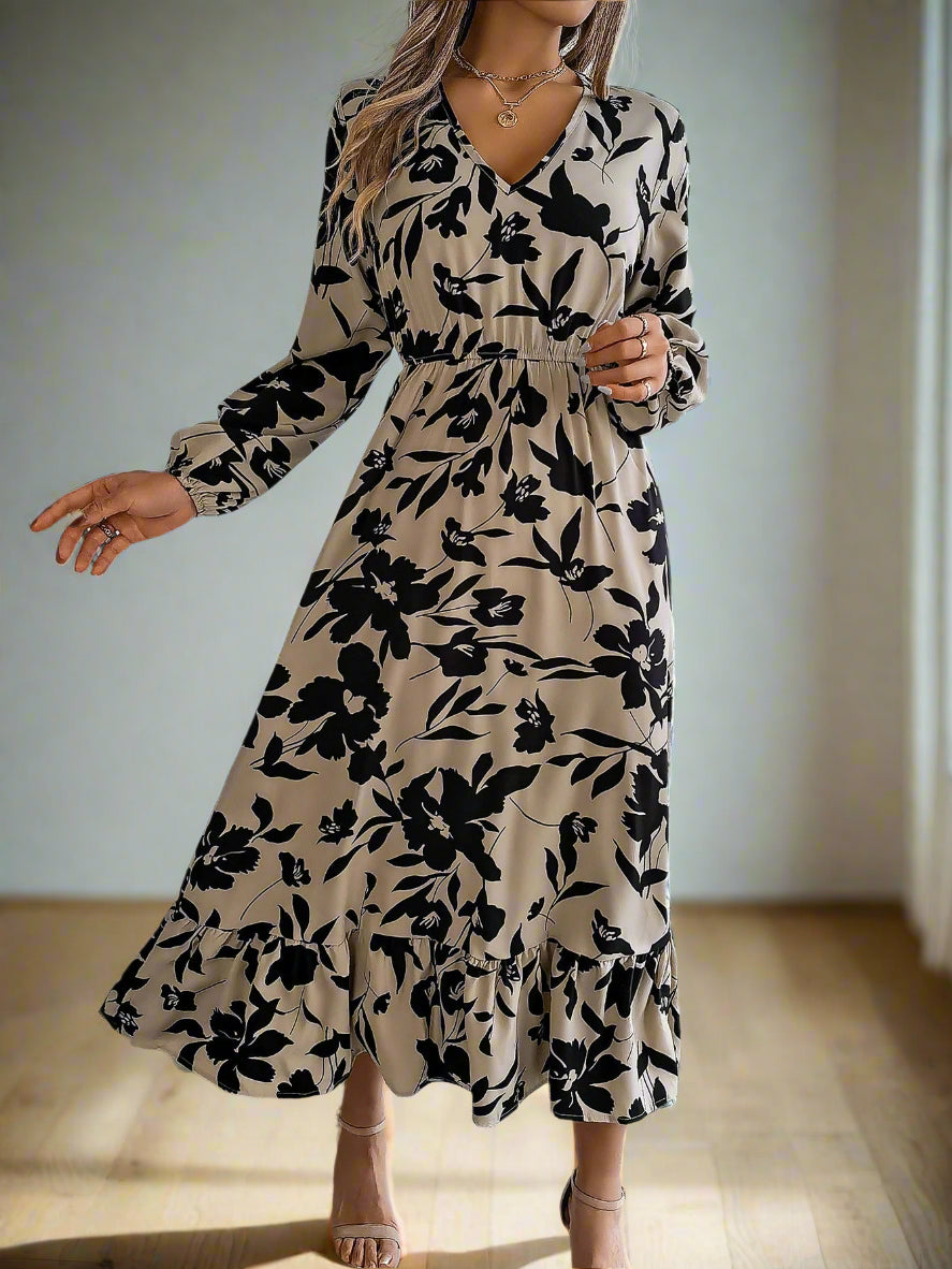 Vienna's Floral Print, Trendy, Stylish, Vintage, Elastic Waist, Long Sleeves, Pullover, Robe, Midi Long Dress