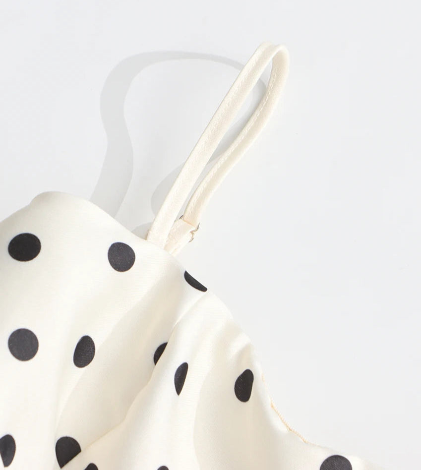zoomed shot of a straps dress, polka dots, white background
