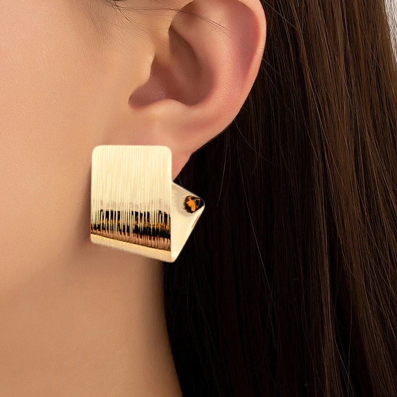 Suzan's Asymetric, Folded, Square, Trendy, Stylish, Minimalist, Stud Earrings