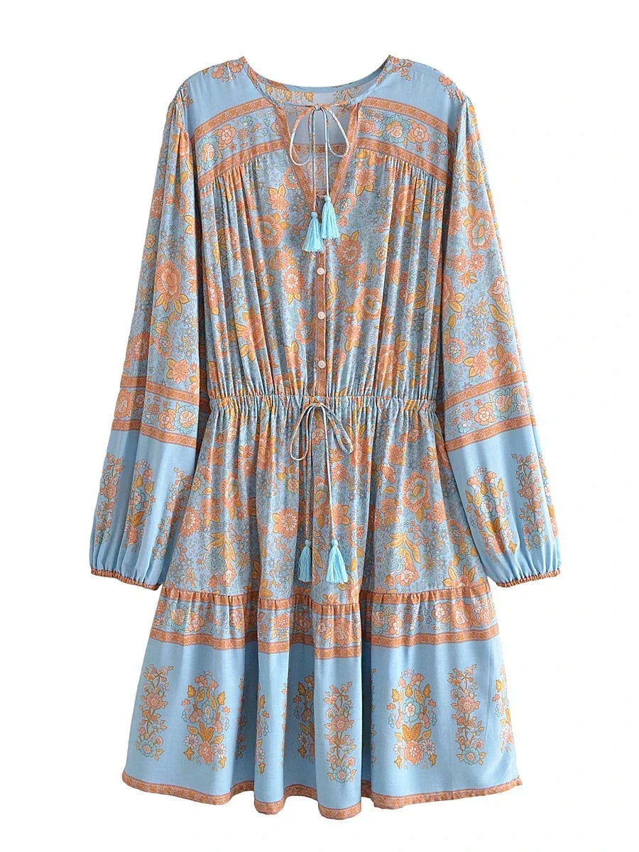 Camelia’s Hippie, Vintage, Stylish, Trendy, Loose, Floral, Ruffles, Long Sleeves, Print, Floral, Bohemian, Mini Dress