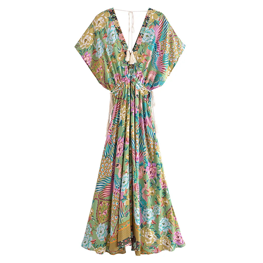 Huda's deep v-neck casual long boho dress