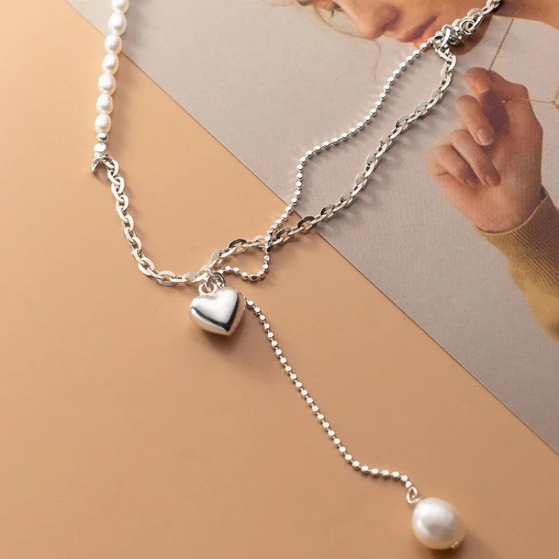 Lina's 925 silver, Trendy, Stylish, Tassel Chain Choker, Pearl Heart, Fine Necklace