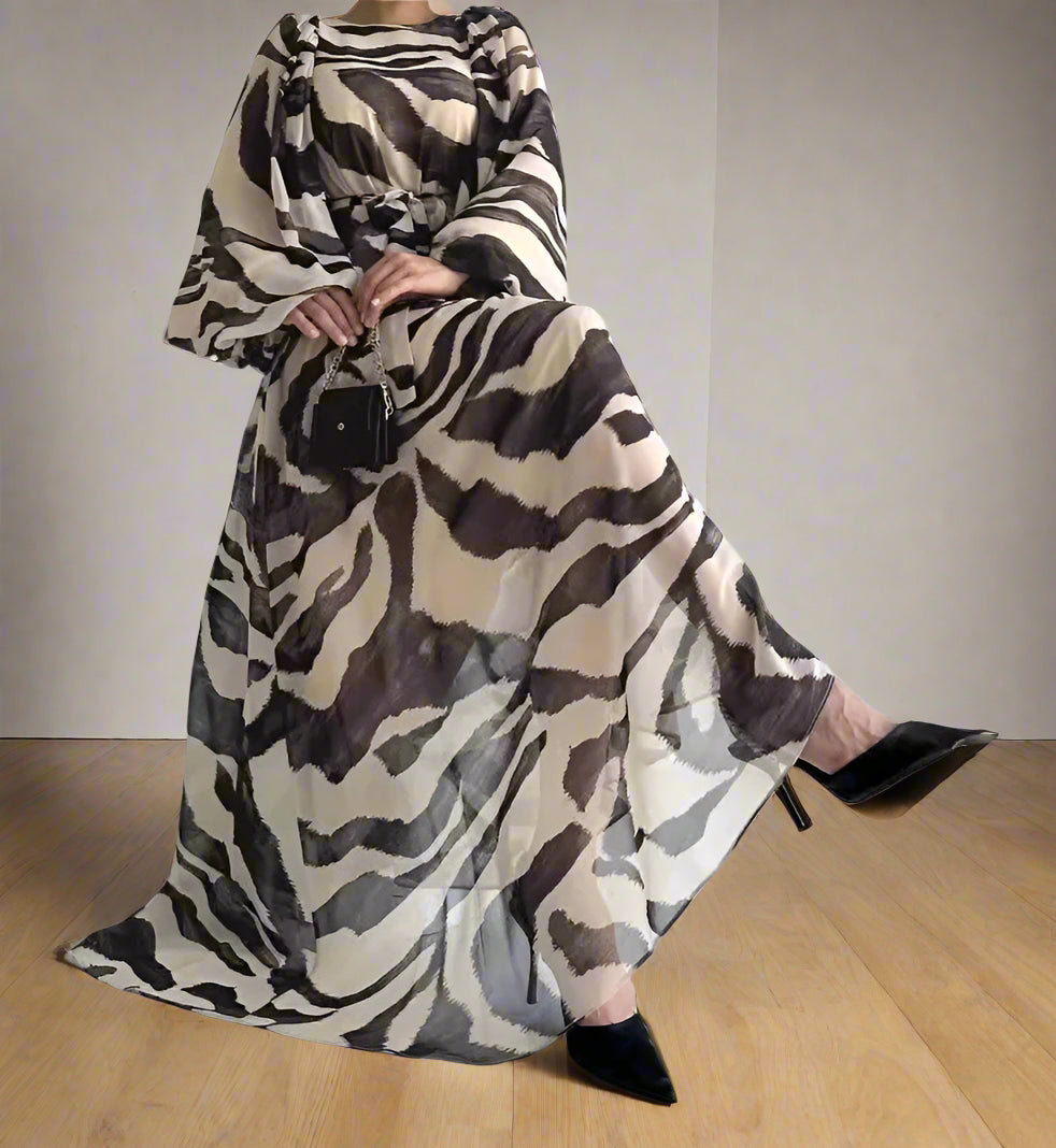 Yassmine's Chiffon, Printed, Pattern, Trendy, Vintage, Elegant, Loose, Stylish, Lantern Sleeves, Maxi Dress