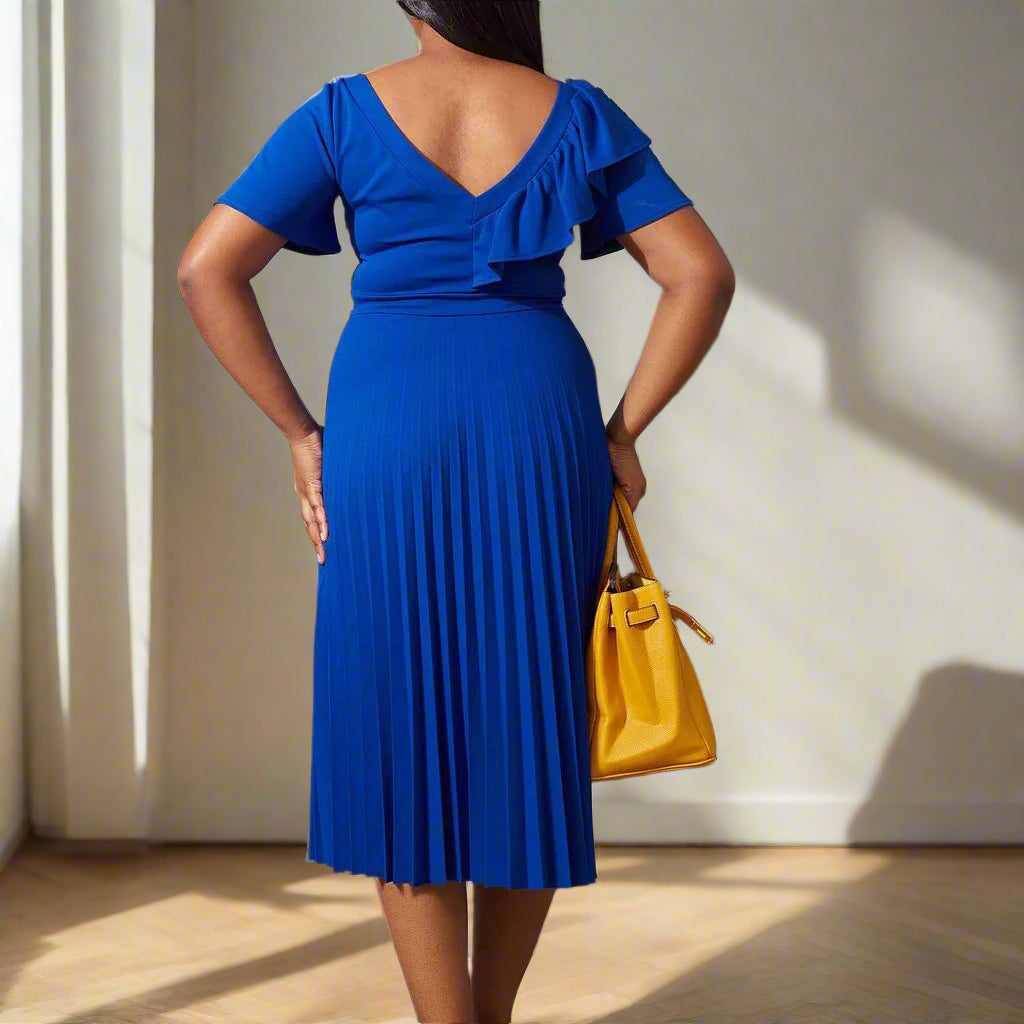 Dana's Pleated, stylish, Trendy, Vintage, Ruffles, short Sleeves, Midi, Office Dress