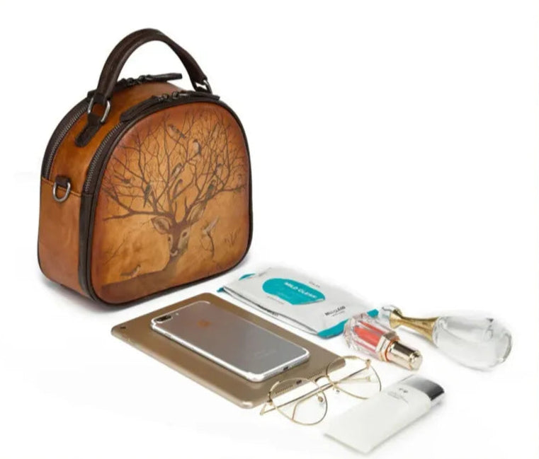Bianca's Genuine Leather, Retro, Vintage, Stylish, Trendy, Deer Pattern, Handbag, Shoulder Bag