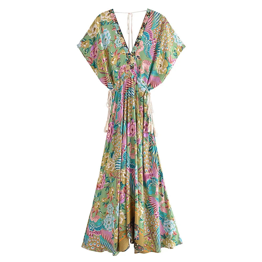 Huda's deep v-neck casual long boho dress