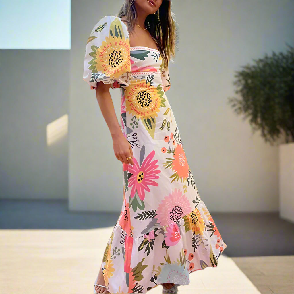 Daisy's Floral, Printed, Square Neck, Trendy, Stylish, Vintage, Boho, Lantern, Party Summer Dress