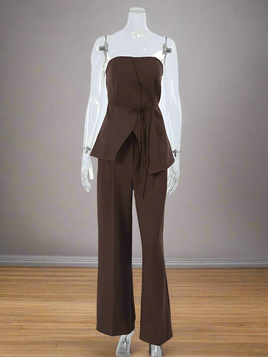 Brown strapless jumpsuit on a mannequin against a white background
