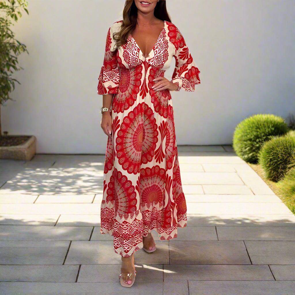 Sophie's Retro, Print, High-waist, Butterfly Sleeves, Trendy, Stylish, Holiday Long Dress