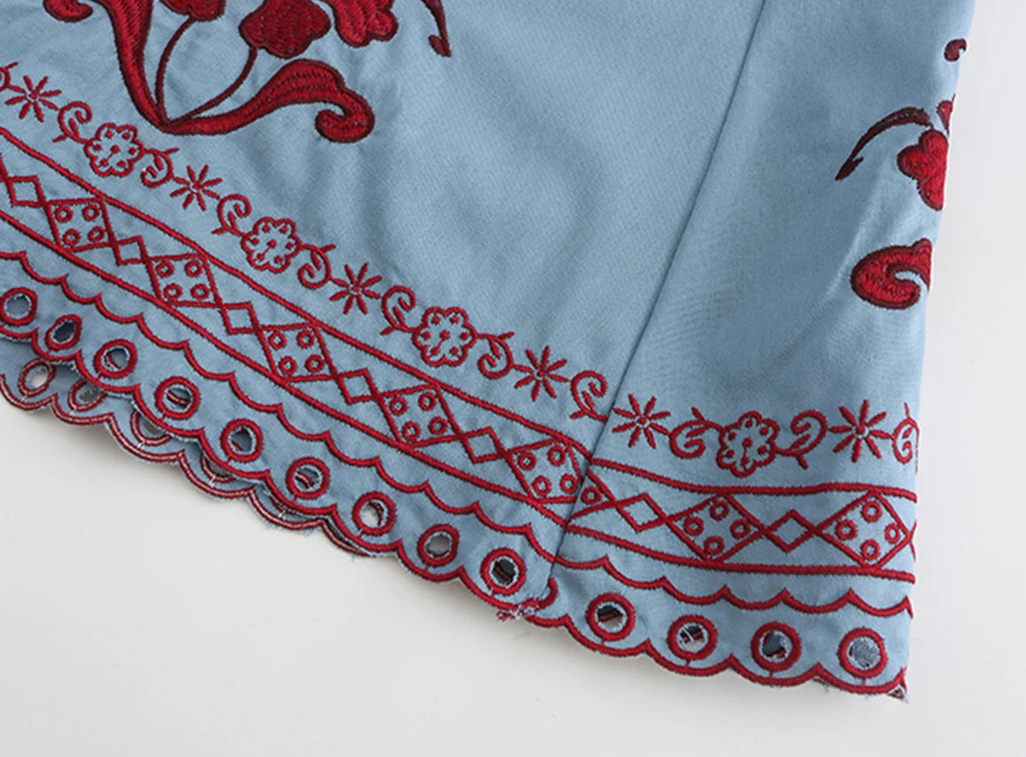 Light blue fabric with red embroidery on a white background