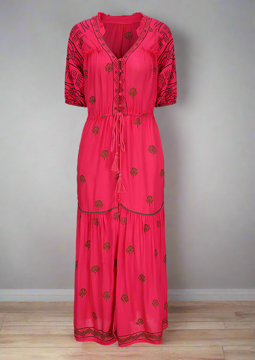 Red dress with floral patterns on a white background