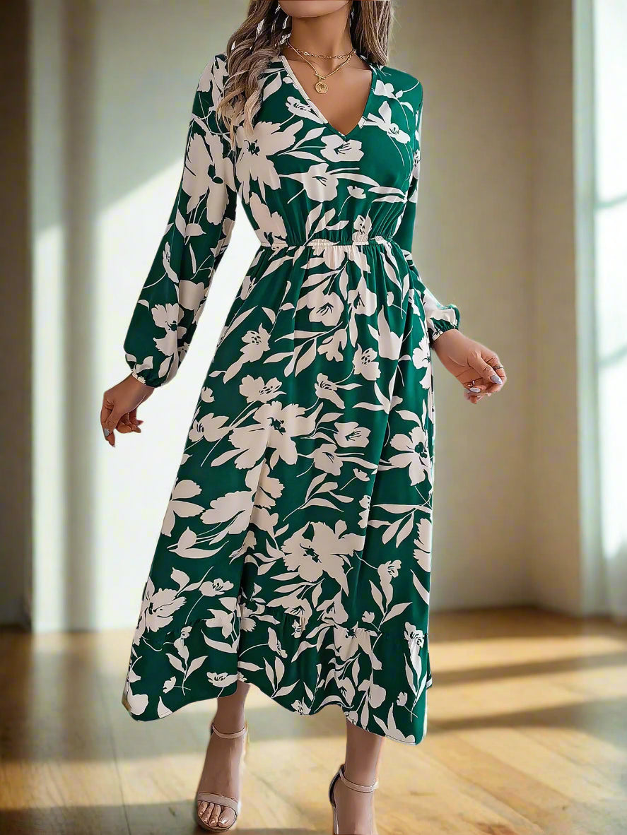 Vienna's Floral Print, Trendy, Stylish, Vintage, Elastic Waist, Long Sleeves, Pullover, Robe, Midi Long Dress