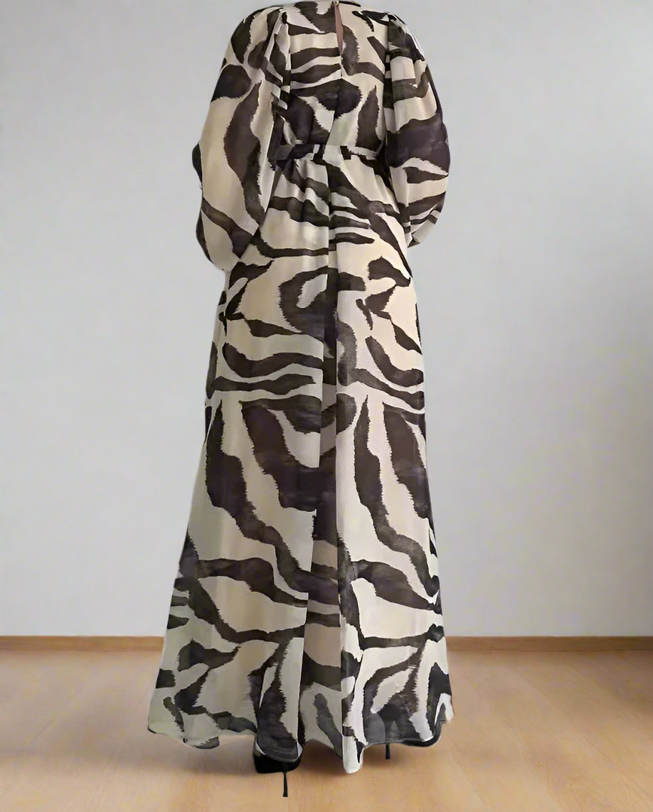 Yassmine's Chiffon, Printed, Pattern, Trendy, Vintage, Elegant, Loose, Stylish, Lantern Sleeves, Maxi Dress