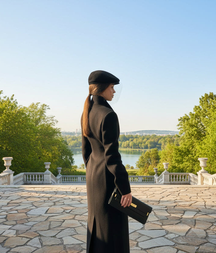 Woman in a black coat and hat standing near classical park
