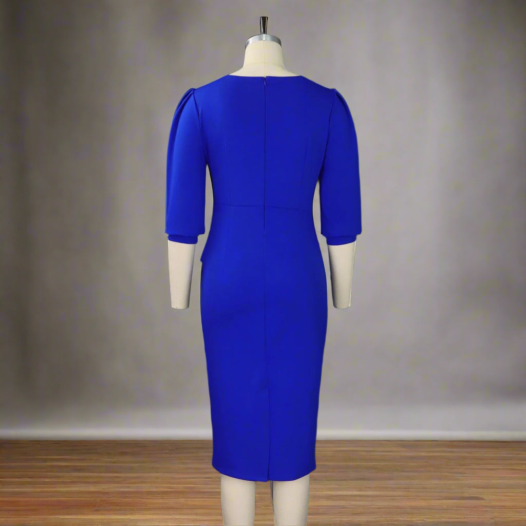 Huda's Sheath, Solid Color, Trendy, Stylish, Vintage, Midi, 3/4 Sleeves, Fit, Office Dress