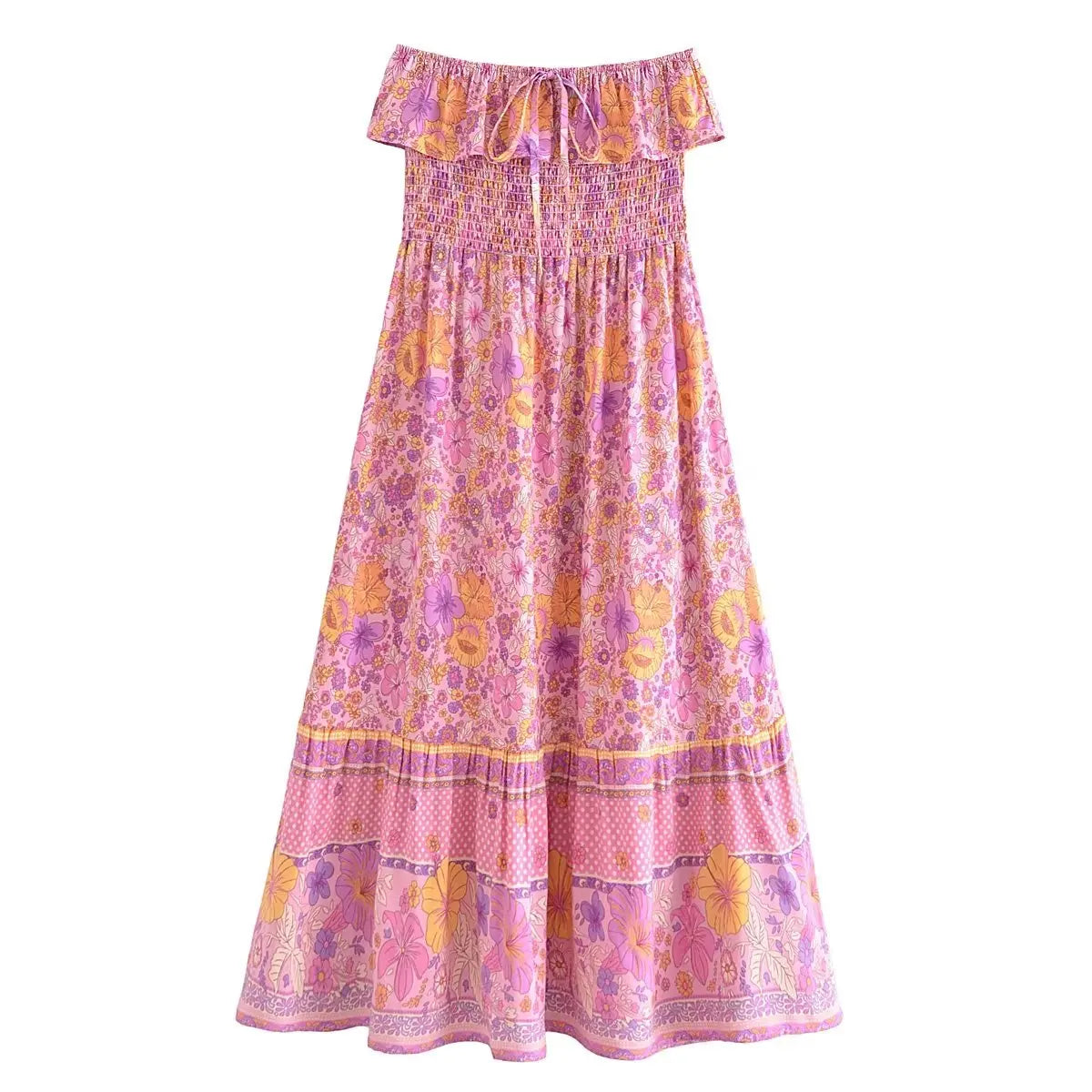 Maria's open Sabrina casual boho long dress with elastic waist