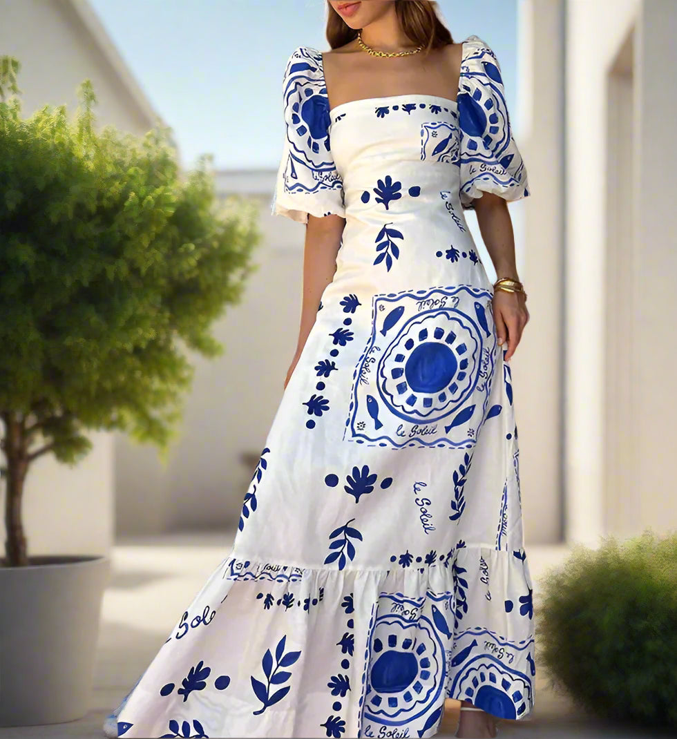 Daisy's Floral, Printed, Square Neck, Trendy, Stylish, Vintage, Boho, Lantern, Party Summer Dress