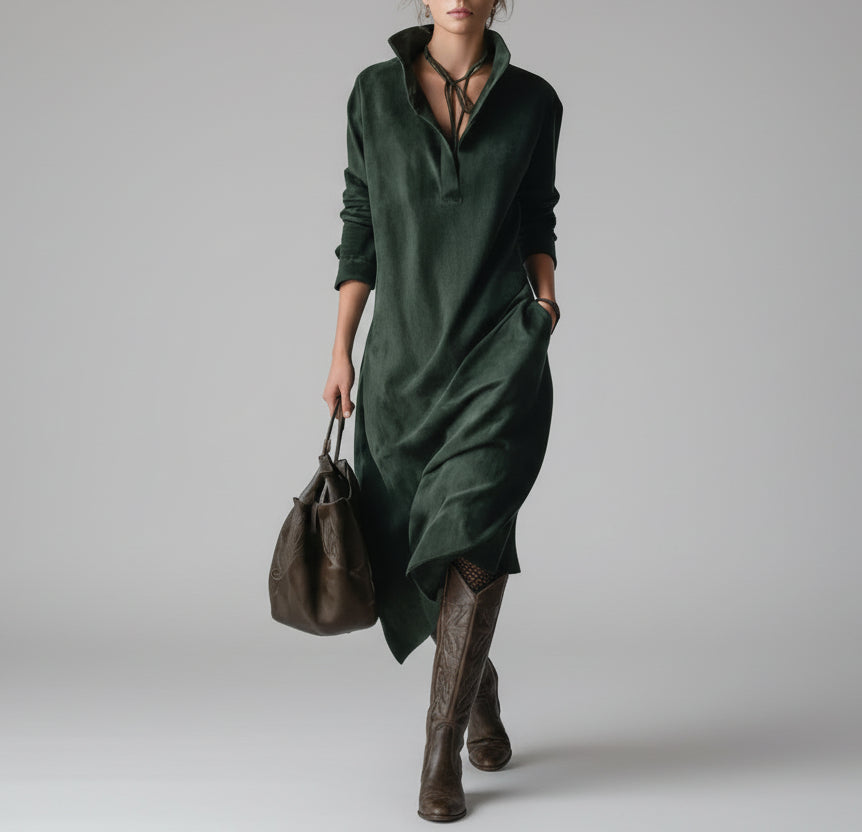 Person wearing a dark green dress holding a matching bag against a gray background