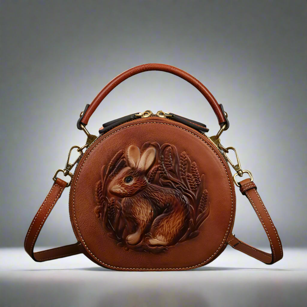 Karma's Genuine Leather, Round Shape, Vintage, Stylish, Retro, Rabbit Embossed, Shoulder Bag