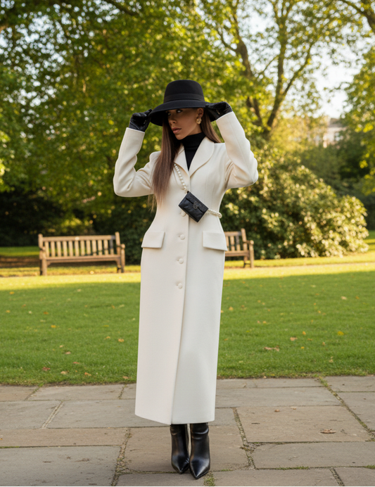 Woman in a long white coat and black hat standing on a park
