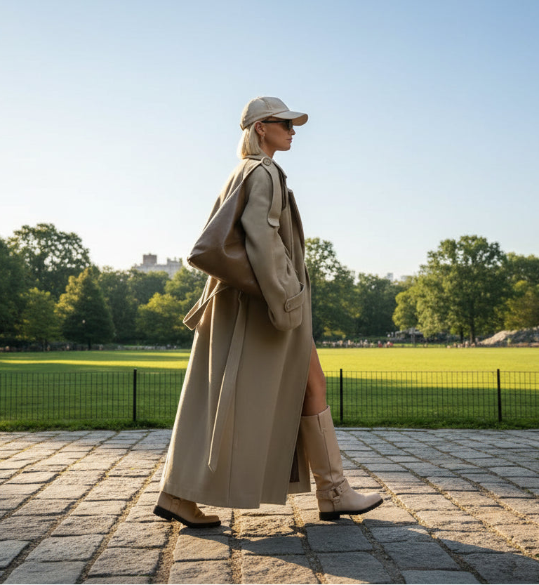 Person wearing a long beige coat and beige boots walking on a sunny park