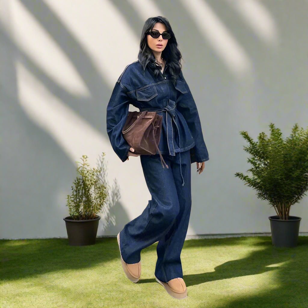Julie's Casula, Elegant, Stylish, Trendy, Wide Leg, Long Jacket, Denim Outfit sets
