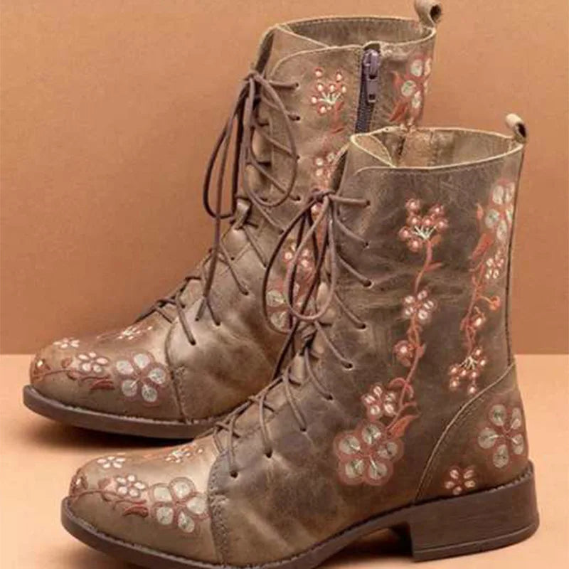 Alice's Boho Boots Lace Up floral -Pu Quality Leather