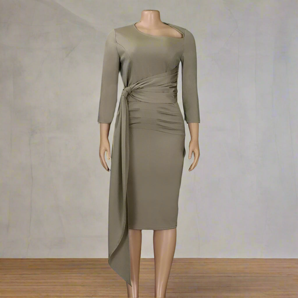 Yousra's Professional, Skew Neck, Sheath Profile, Sleeves, office Style, Midi Dress