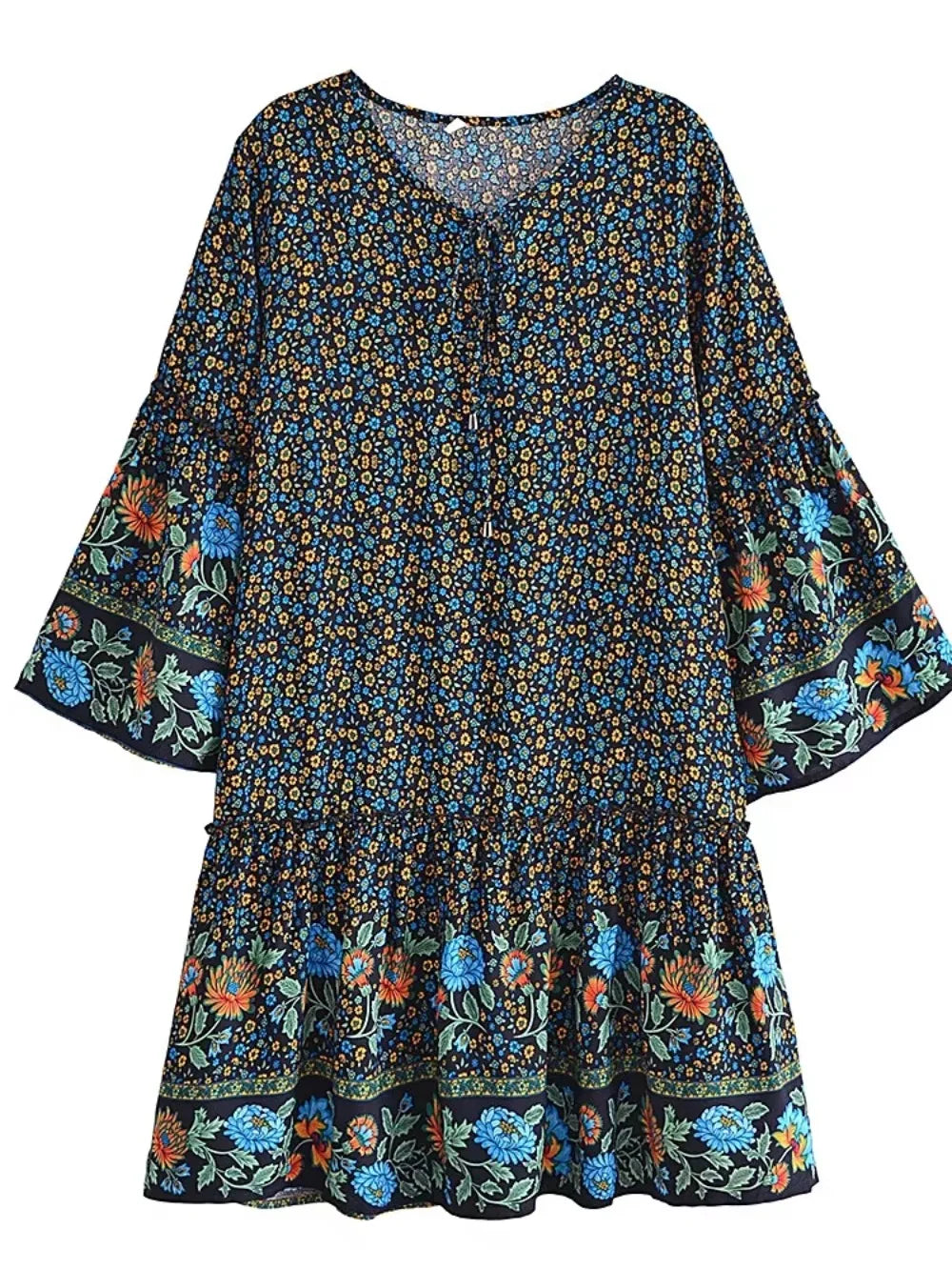 Yosra's  Hippie, Vintage, Stylish, Trendy, Loose, Floral, Ruffles, Print, Floral, Bohemian, Mini Dress