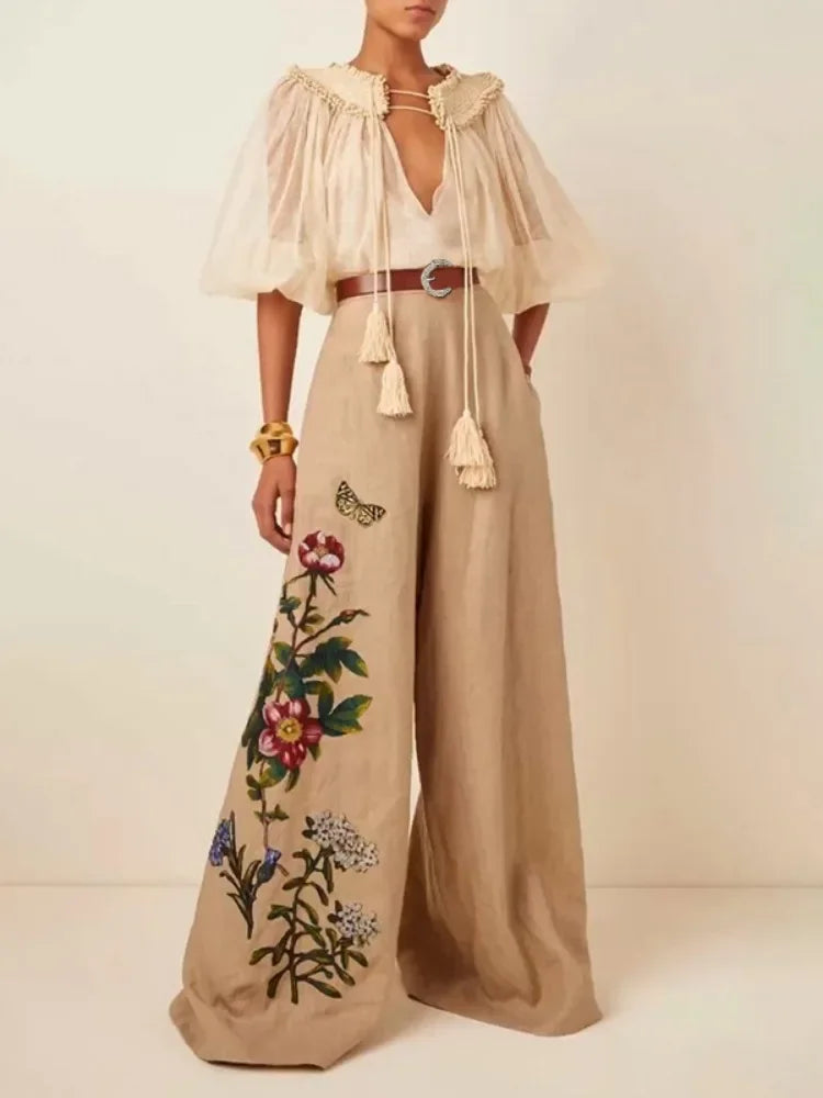 Lara's Boho Linen/Cotton Wide Flare Legs - High Waist Pants