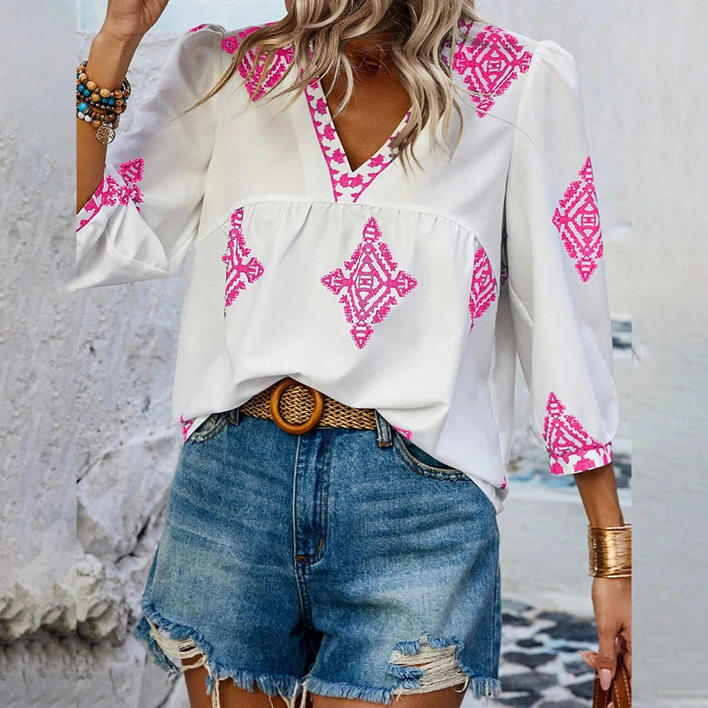 Emmy's Loose, Casual, Trendy, Stylish, Boho, Pullover, Printed Blouse