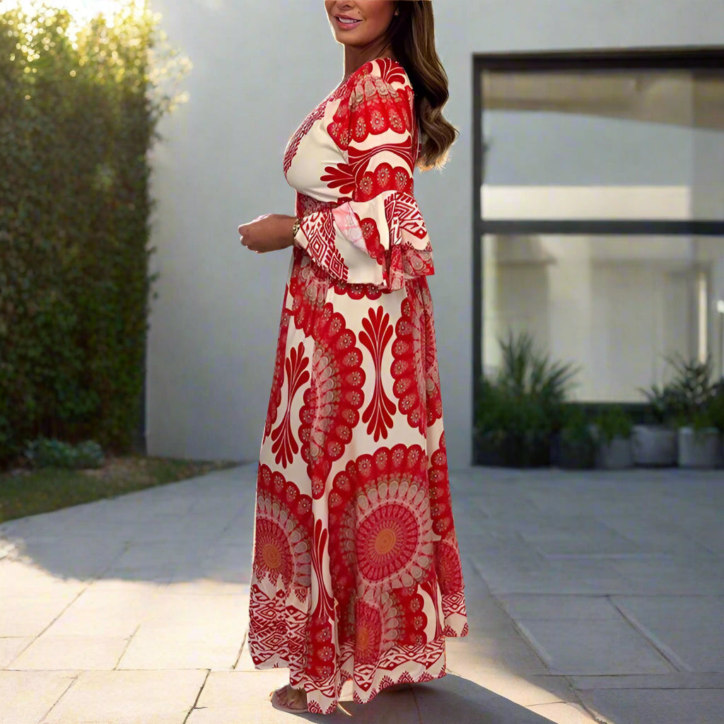 Sophie's Retro, Print, High-waist, Butterfly Sleeves, Trendy, Stylish, Holiday Long Dress