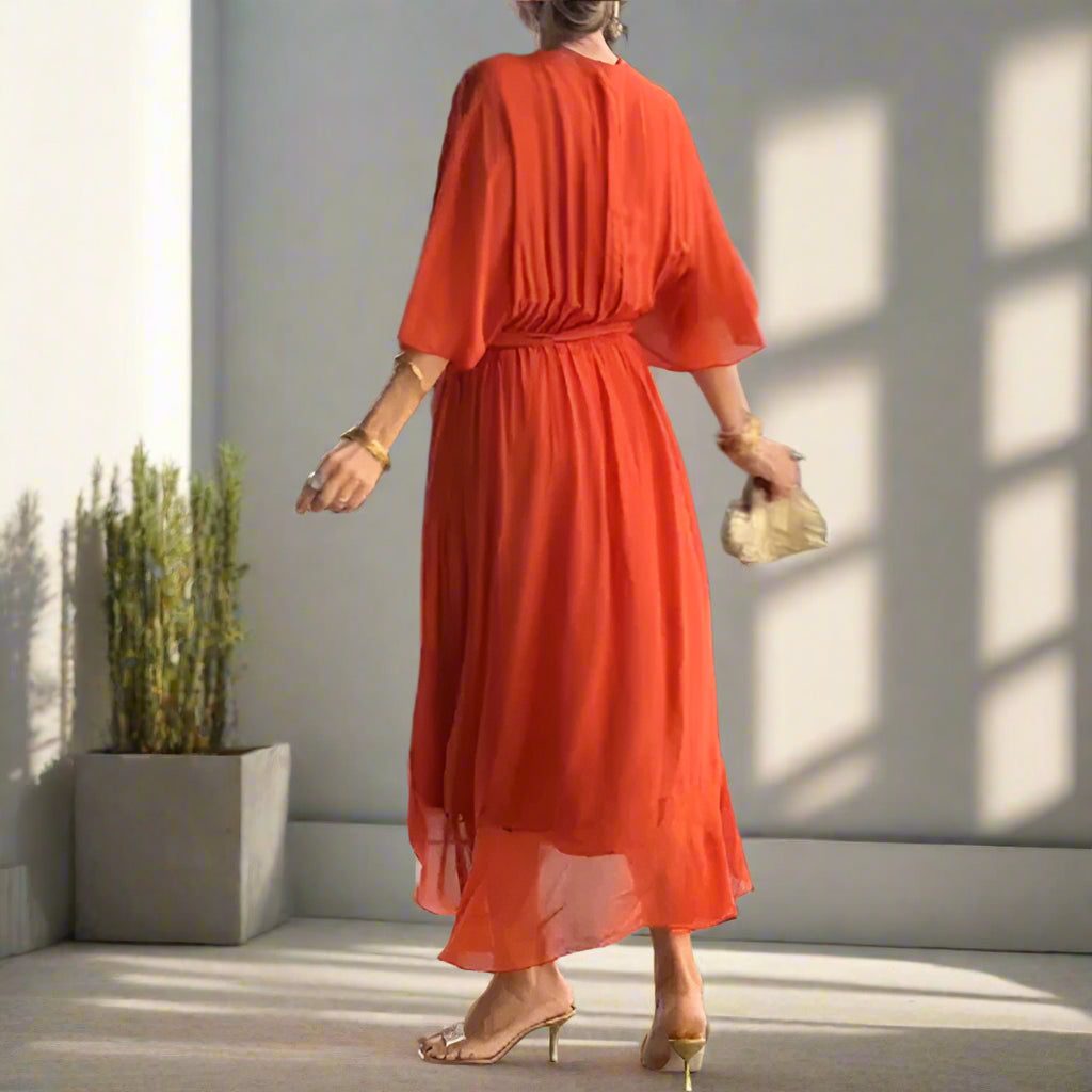 Iman's Irregular, Loose, Stylish, Trendy, V-Neck, Fluffy, Half Sleeves, Midi Dress