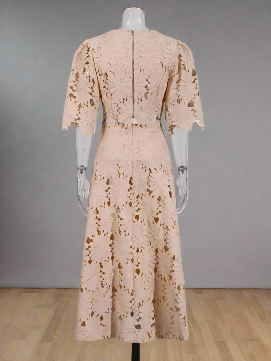 Beige lace outfit set on a mannequin against a white background