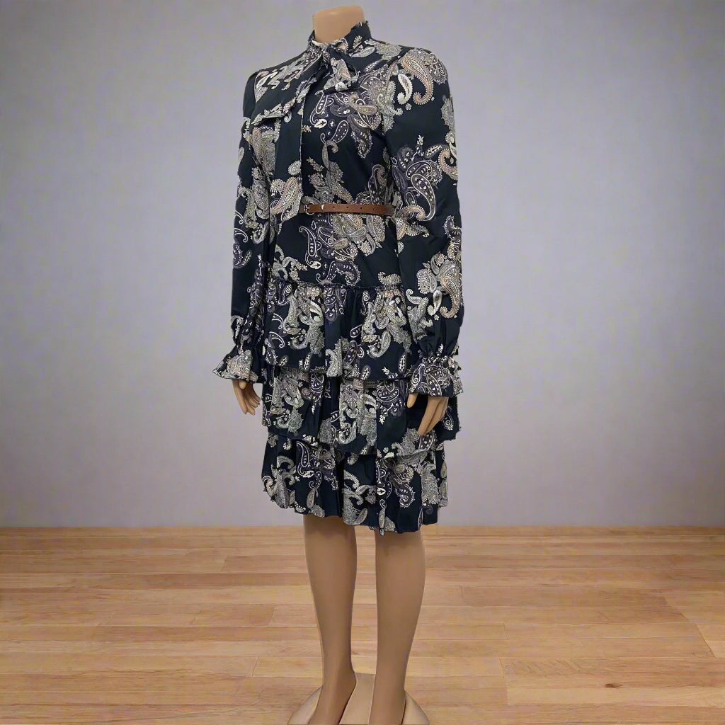 Elsa's Floral Print, Trendy, Stylish, Vintage, High Collar, Long Lantern Sleeves, Mini Dress