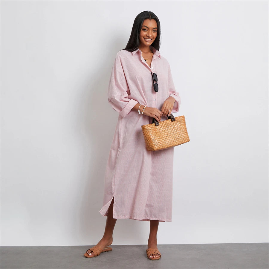 Rosa's Baggy, Loose, Striped, Trendy, Stylish, Boho, Vintage, Long Sleeves, Long Shirt Dress