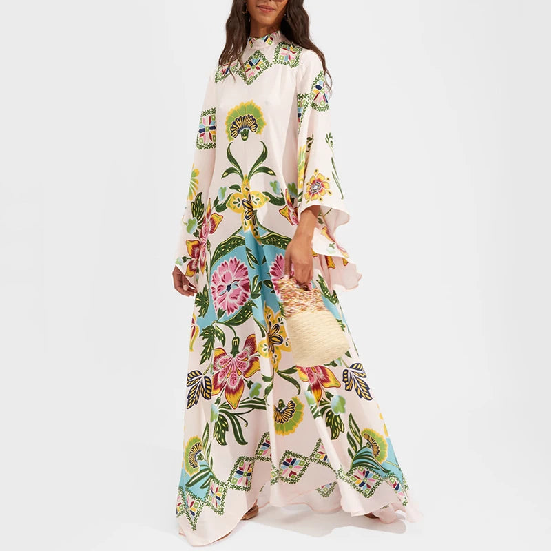 Ellen's Loose Printed Maxi Dress with flare long sleeves