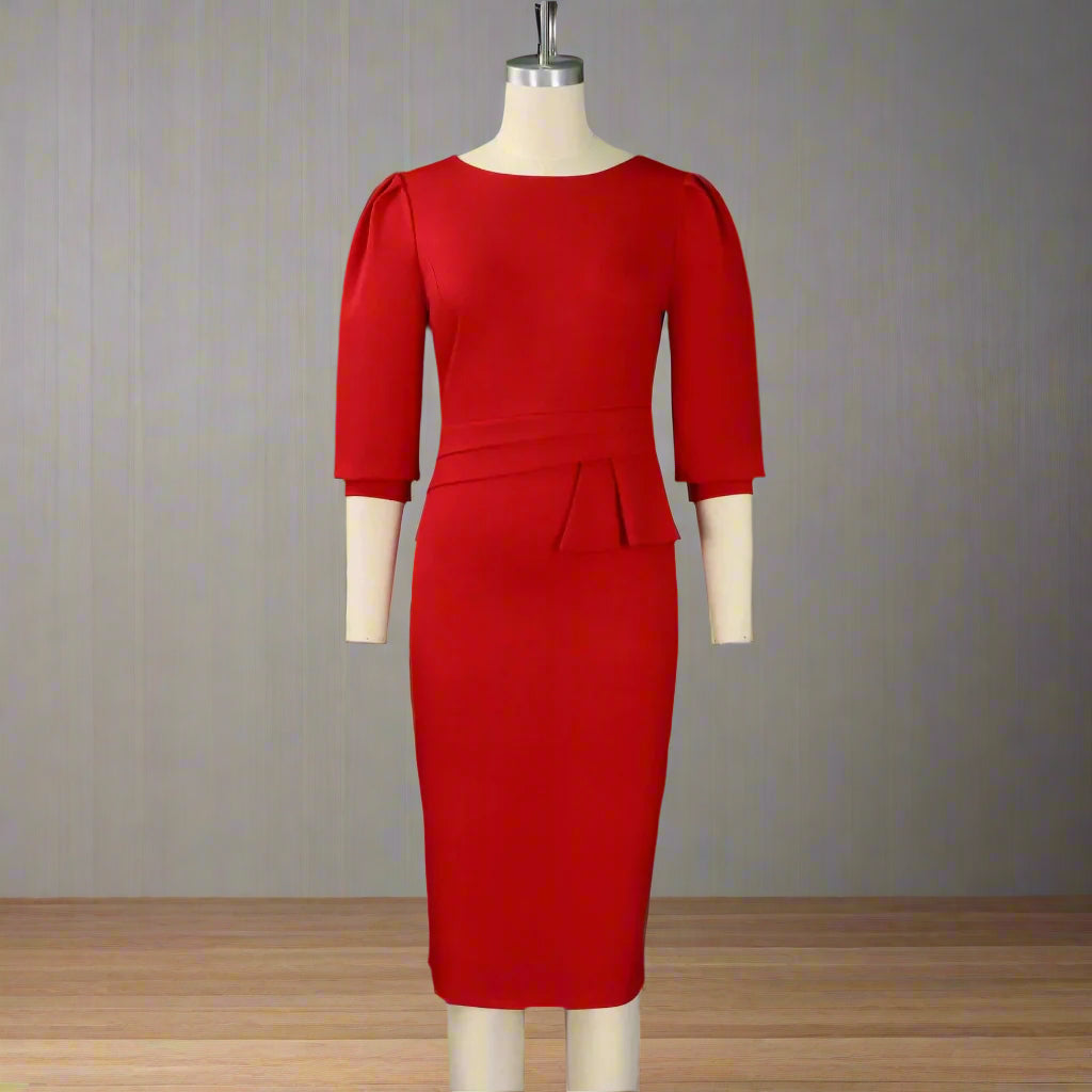 Huda's Sheath, Solid Color, Trendy, Stylish, Vintage, Midi, 3/4 Sleeves, Fit, Office Dress