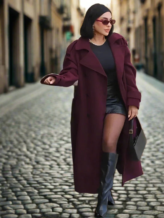 Caroline's Elegant, Burgundy, Wool, Long, Trendy, Stylish, Coat with Belt - Double Breasted Buttons