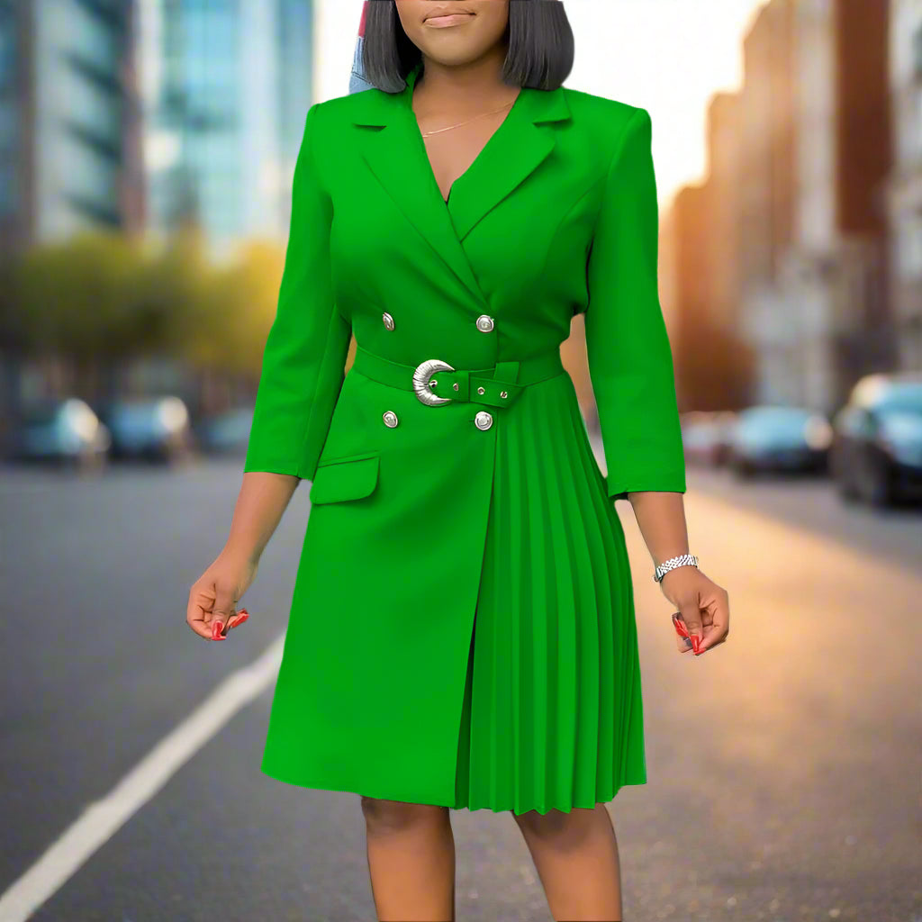 Stacey's Trendy, Stylish, Vintage, Pleated, On Knee, 3/r Sleeves, Solid Color, Office Dress