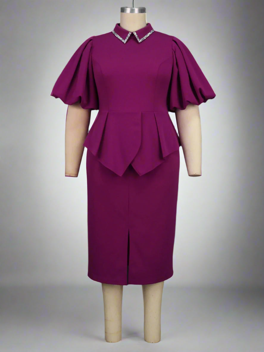 Dalia's Purple, Trendy, Stylish, Sheath, Ruffles, Puffy Sleeves, OfficeStyle, Midi Dress