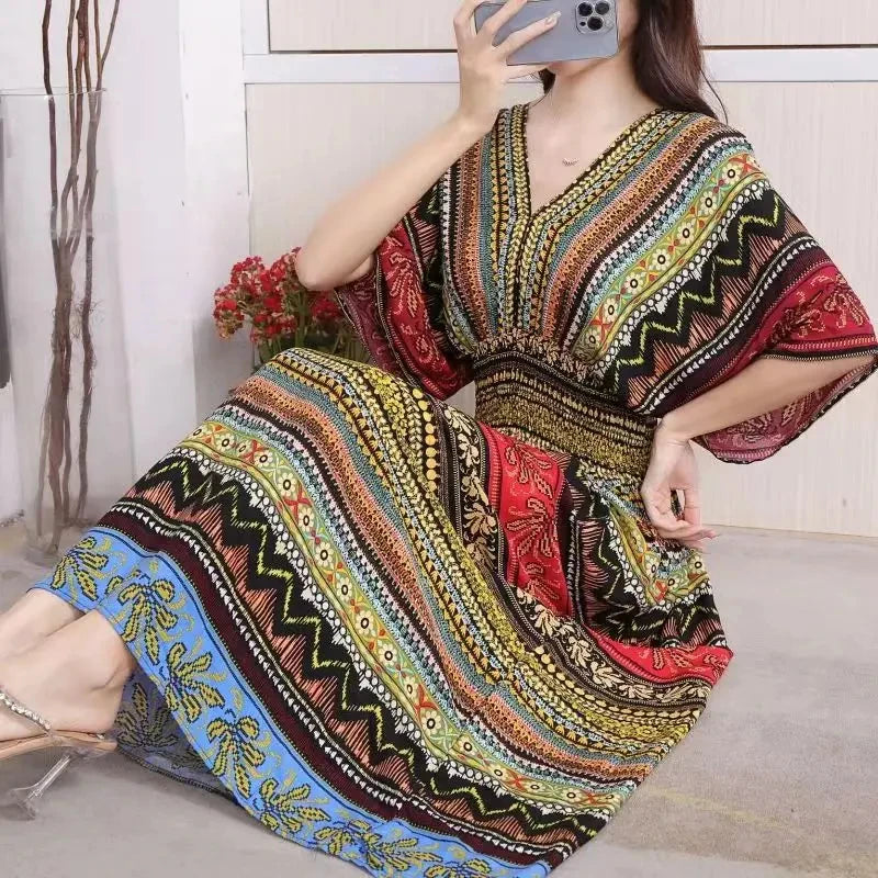 Bibi's Casual Elegant Boho Elastic-Waist Long Dress