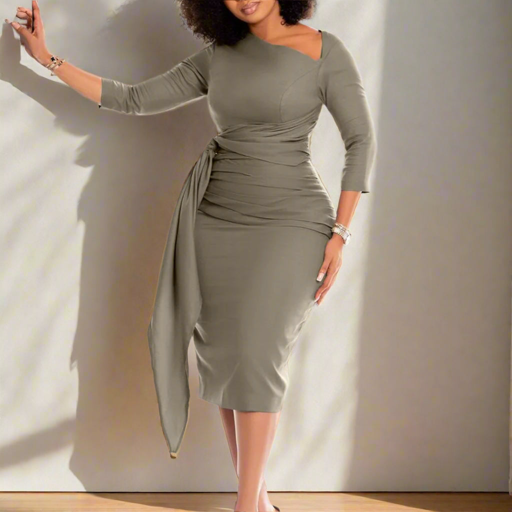 Yousra's Professional, Skew Neck, Sheath Profile, Sleeves, office Style, Midi Dress