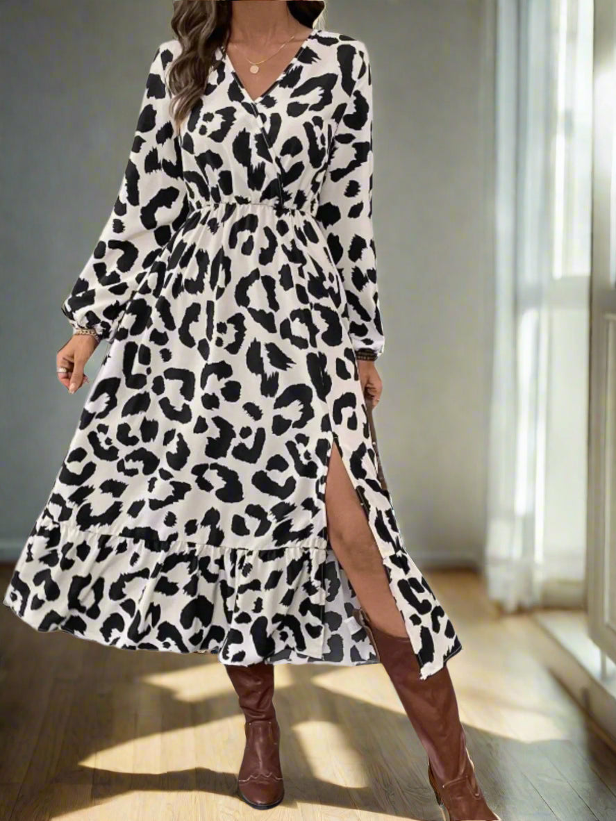 Hellen's Leopard Printed, Trendy, Stylish, Vintage, Long Sleeves, Elastic Waist, Slit Bottom, Midi Dress
