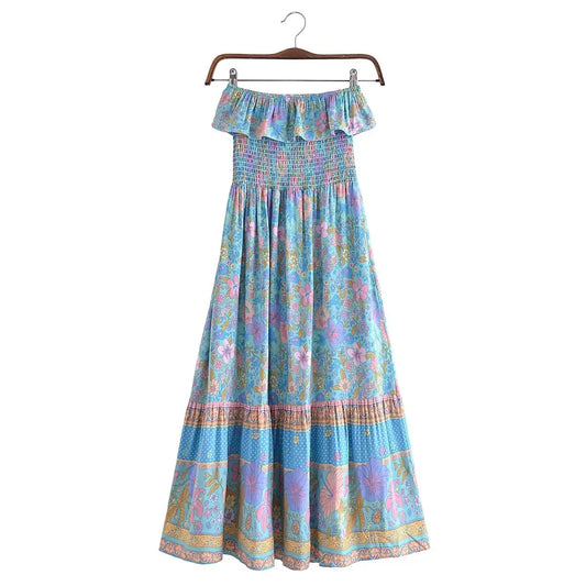 Maria's open Sabrina casual boho long dress with elastic waist