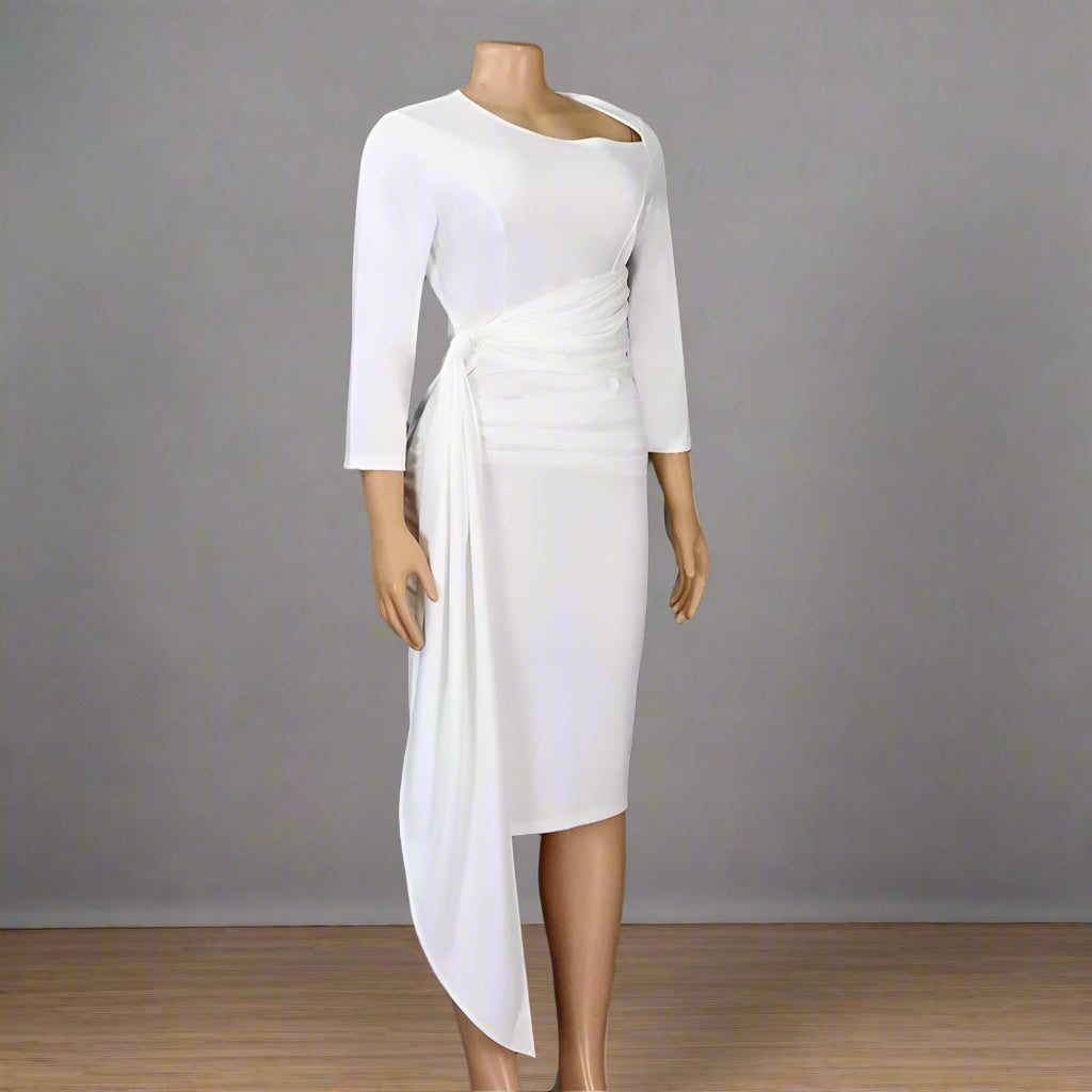 Yousra's Professional, Skew Neck, Sheath Profile, Sleeves, office Style, Midi Dress