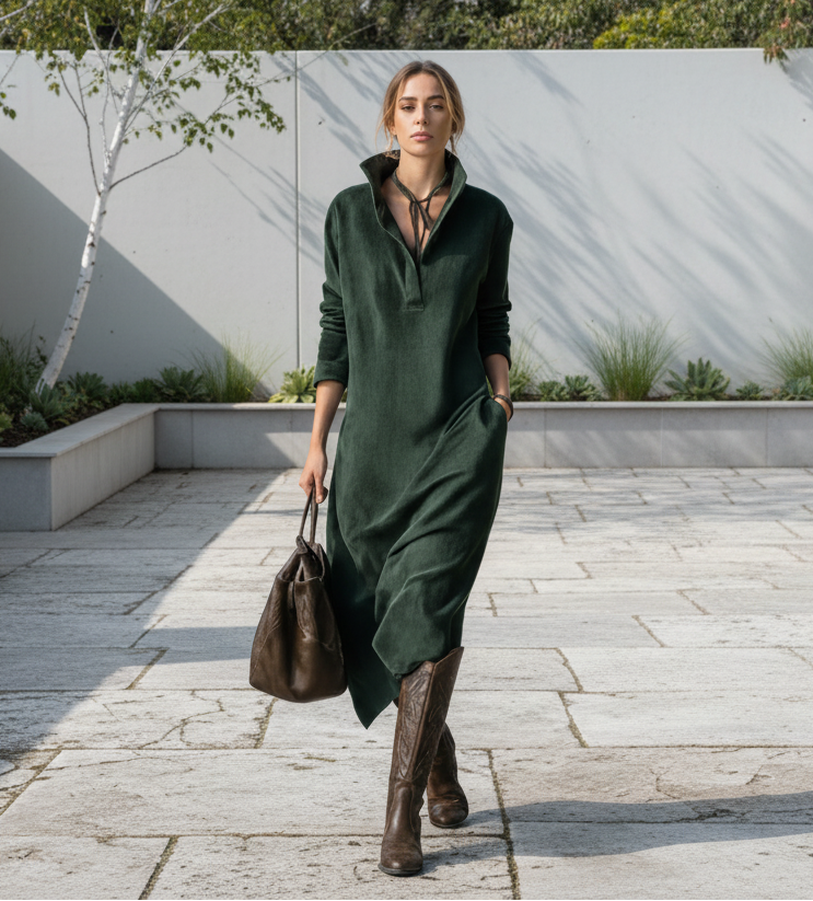 Person wearing a dark green dress holding a brown bag against a backyard